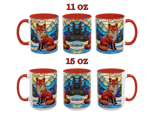 Two sets of mugs with fox designs and red handles on a white background.