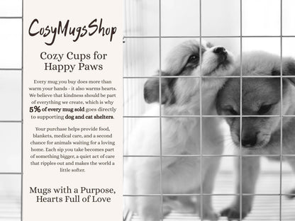 Dog behind a grid with promotional text for Cozy Mugs Shop