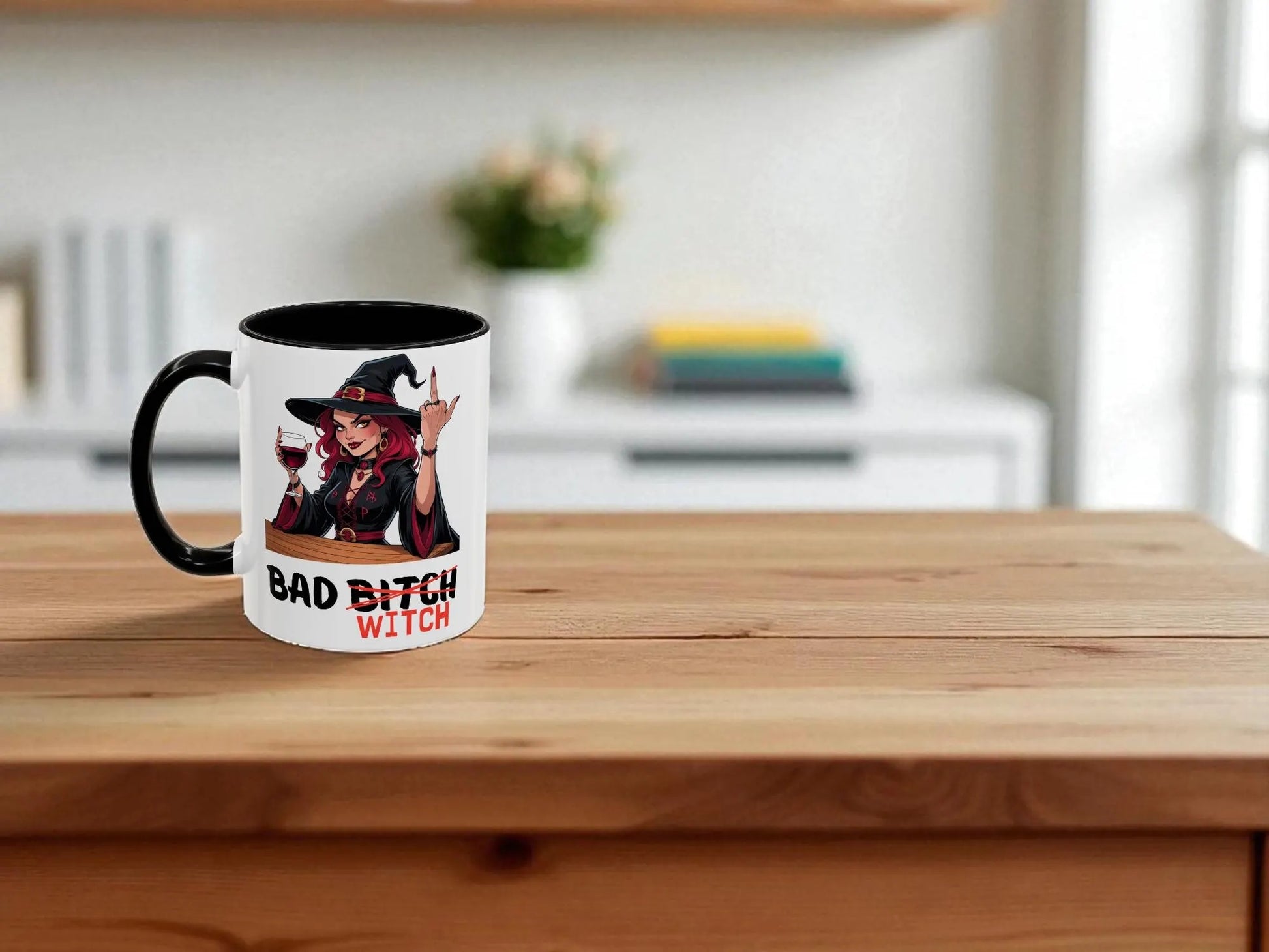 Mug with a graphic of a witch holding a wine glass on a wooden surface.