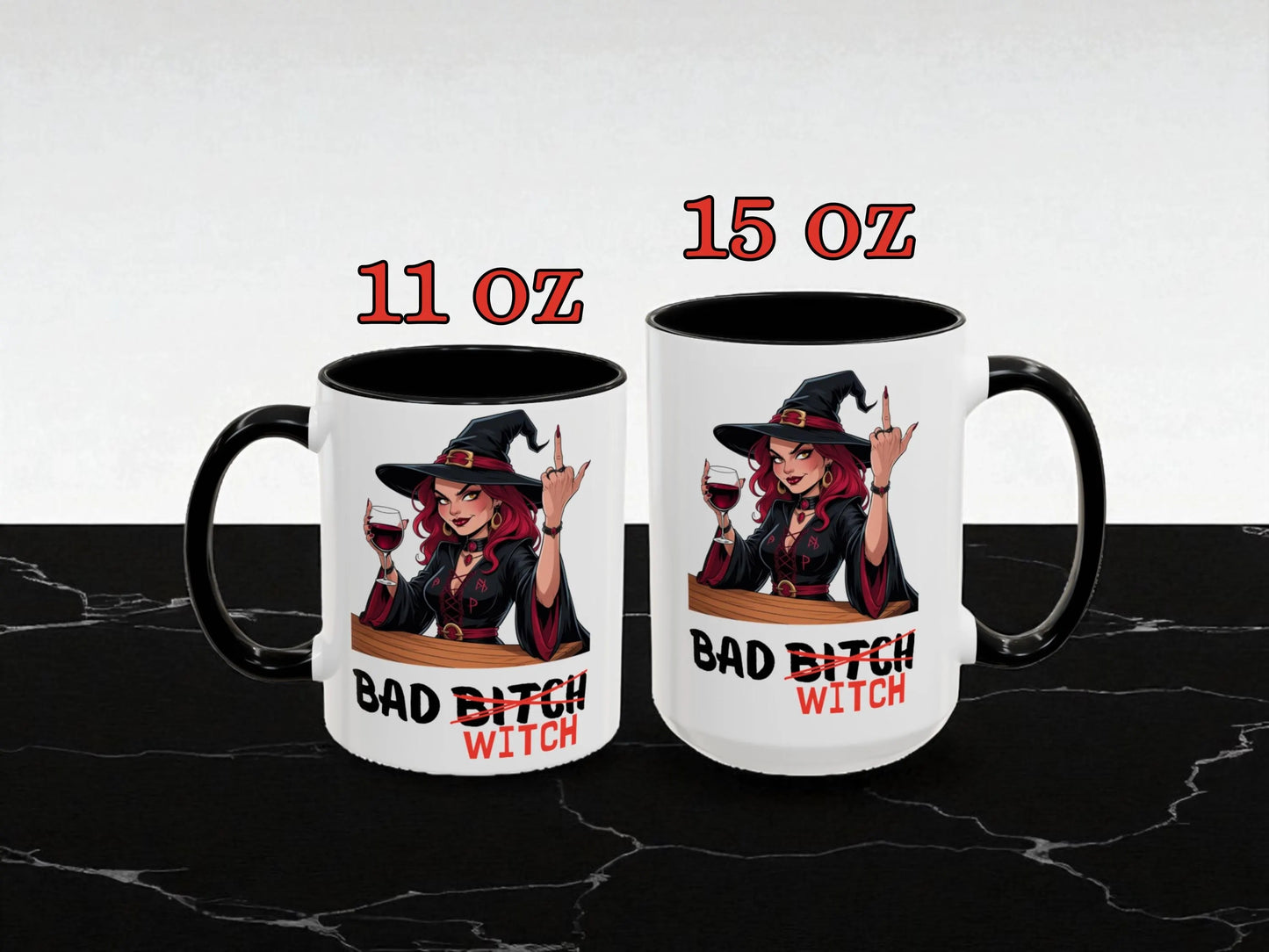 Two mugs with a witch design and 'Bad Bitch Witch' text, one 11 oz and one 15 oz, on a black and white background.