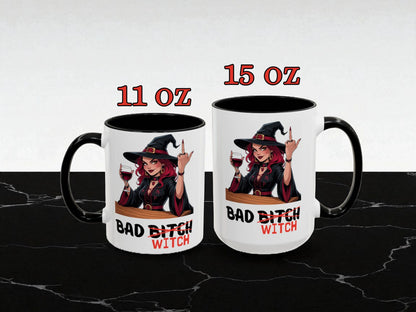 Two mugs with a witch design and 'Bad Bitch Witch' text, one 11 oz and one 15 oz, on a black and white background.