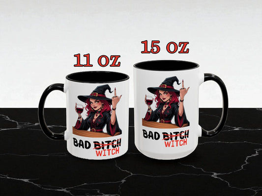 Two mugs with a witch design and 'Bad Bitch Witch' text, one 11 oz and one 15 oz, on a black and white background.