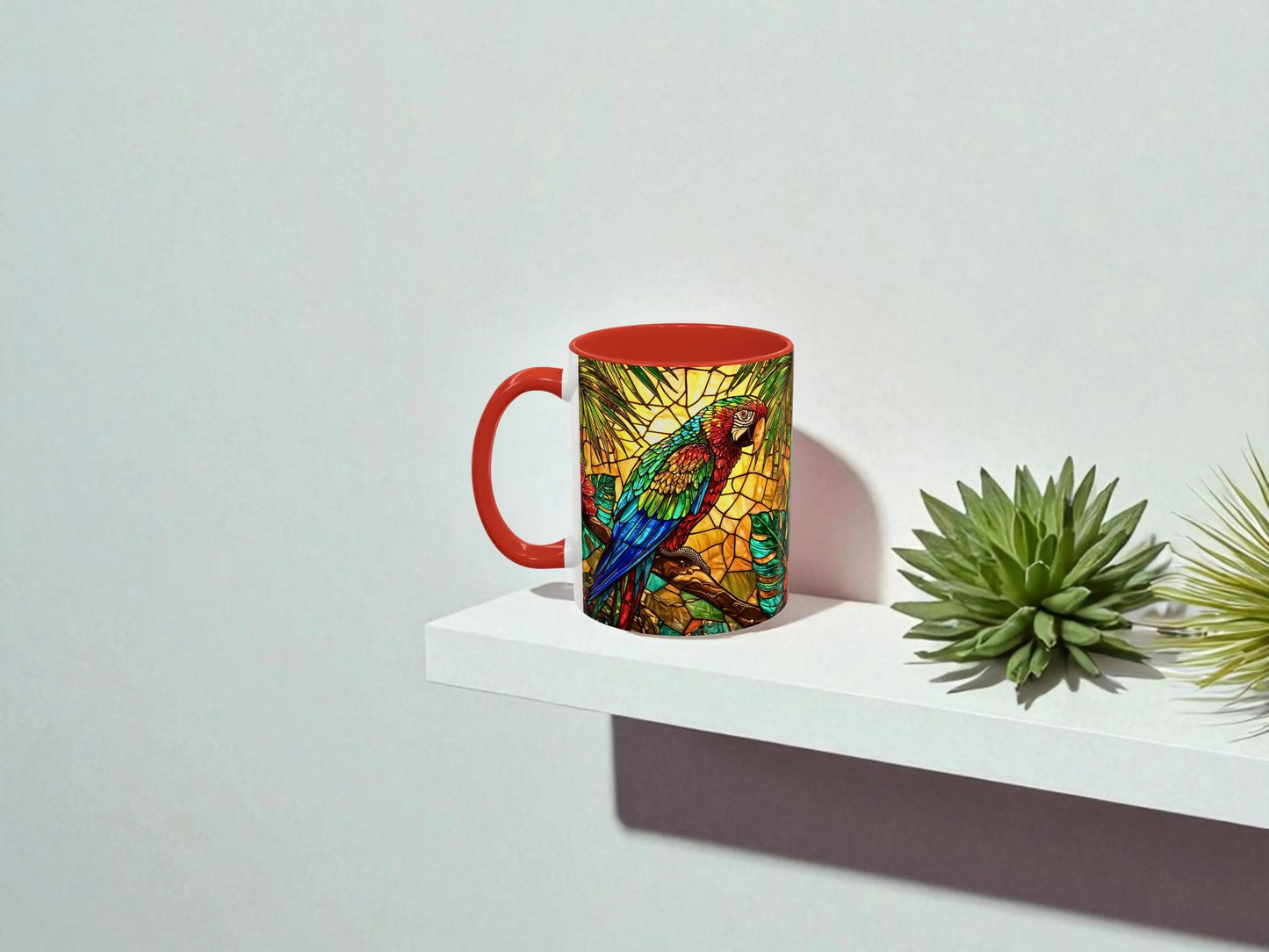 Colorful mug with parrot design on a white shelf against a light gray background