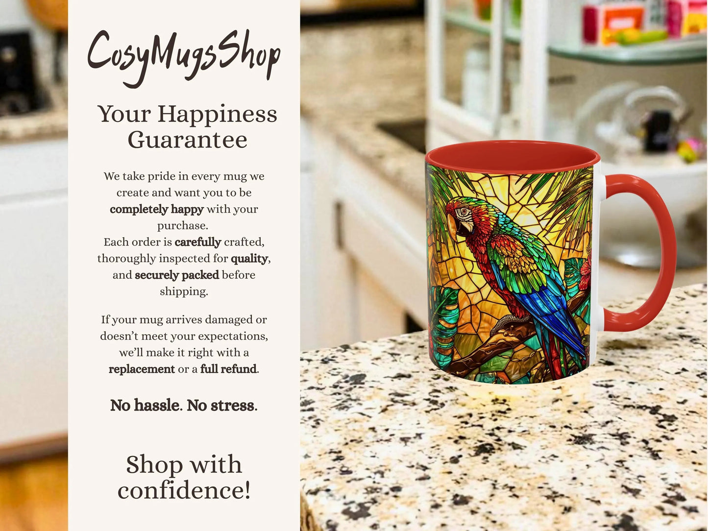 Colorful mug with parrot design on a kitchen counter, featuring 'CosyMugsShop' text.