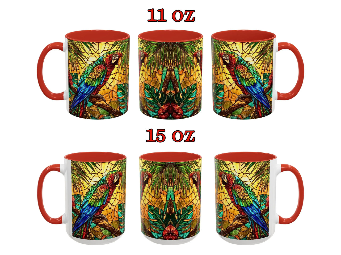 Set of two mugs with parrot design, one 11 oz and one 15 oz, on a white background.