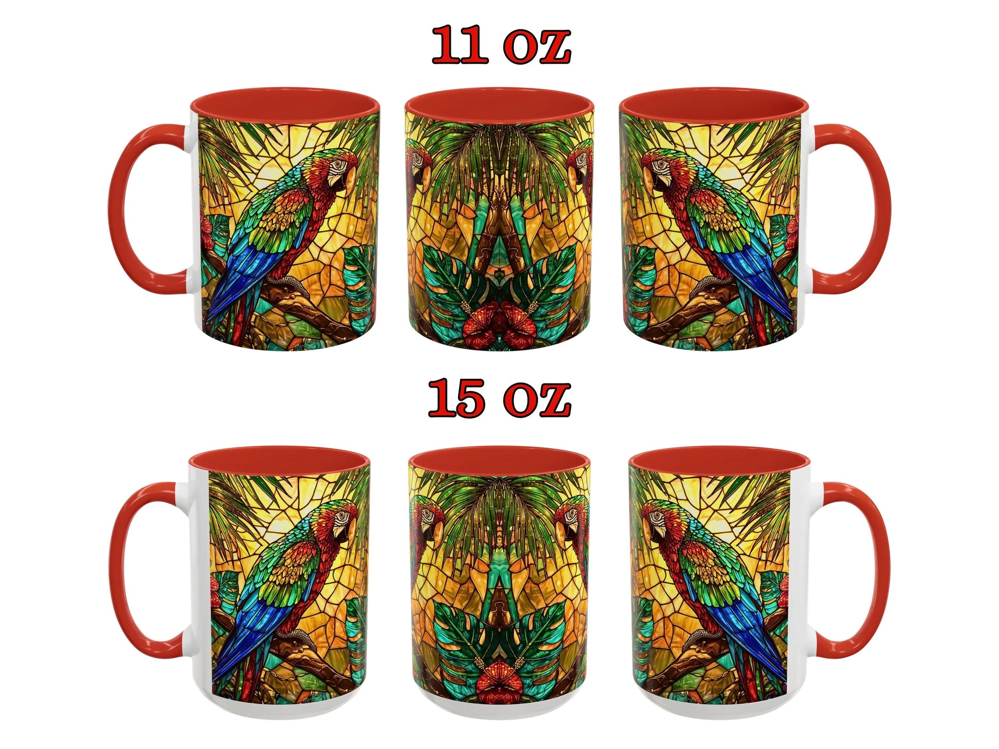 Set of two mugs with parrot design, one 11 oz and one 15 oz, on a white background.
