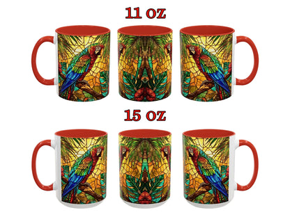 Set of two mugs with parrot design, one 11 oz and one 15 oz, on a white background.