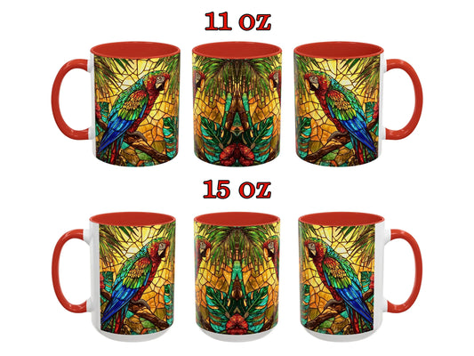 Set of two mugs with parrot design, one 11 oz and one 15 oz, on a white background.