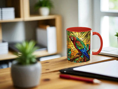 Colorful parrot mug on a desk with a blurred office background