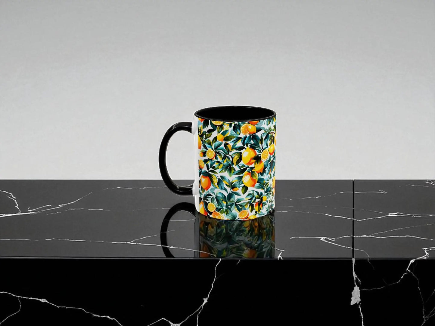 Mug with floral pattern on a black marble surface