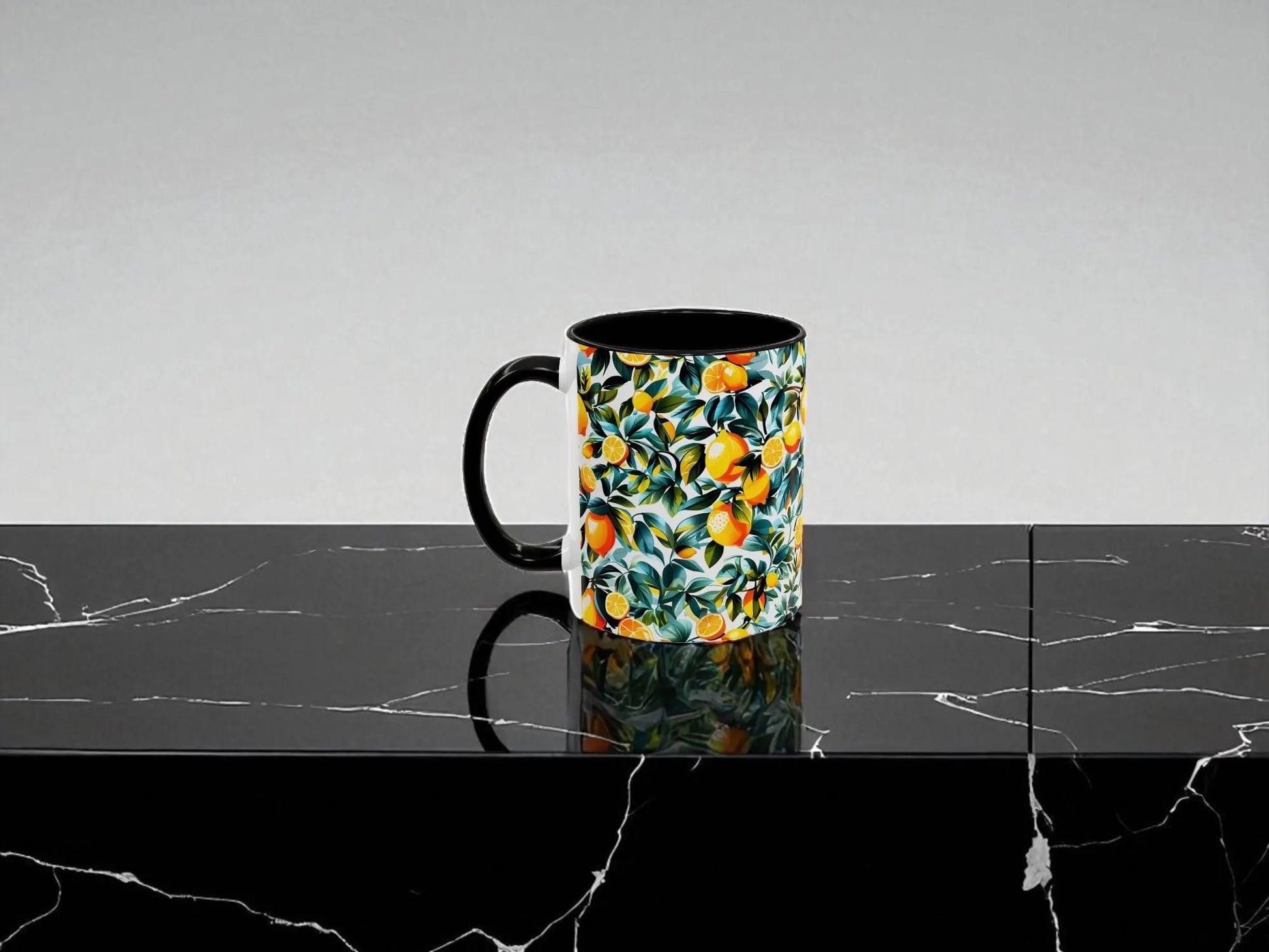 Mug with floral pattern on a black marble surface