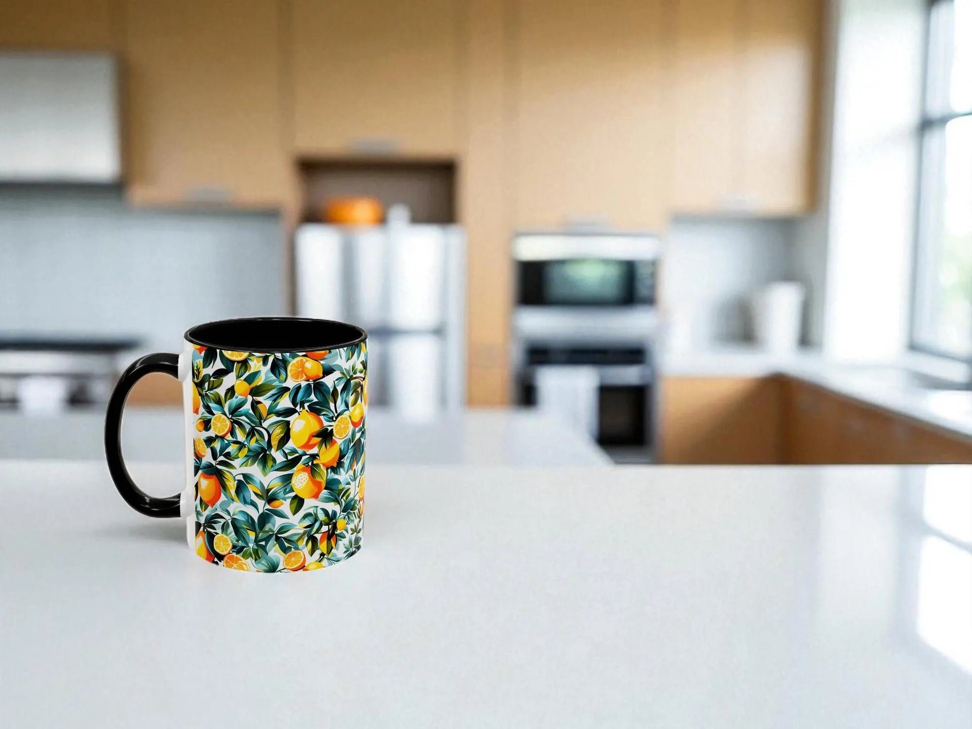 Colorful mug with floral pattern on a kitchen counter