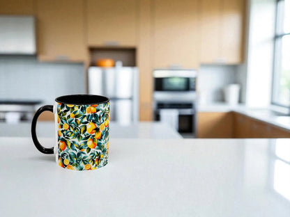 Colorful mug with floral pattern on a kitchen counter