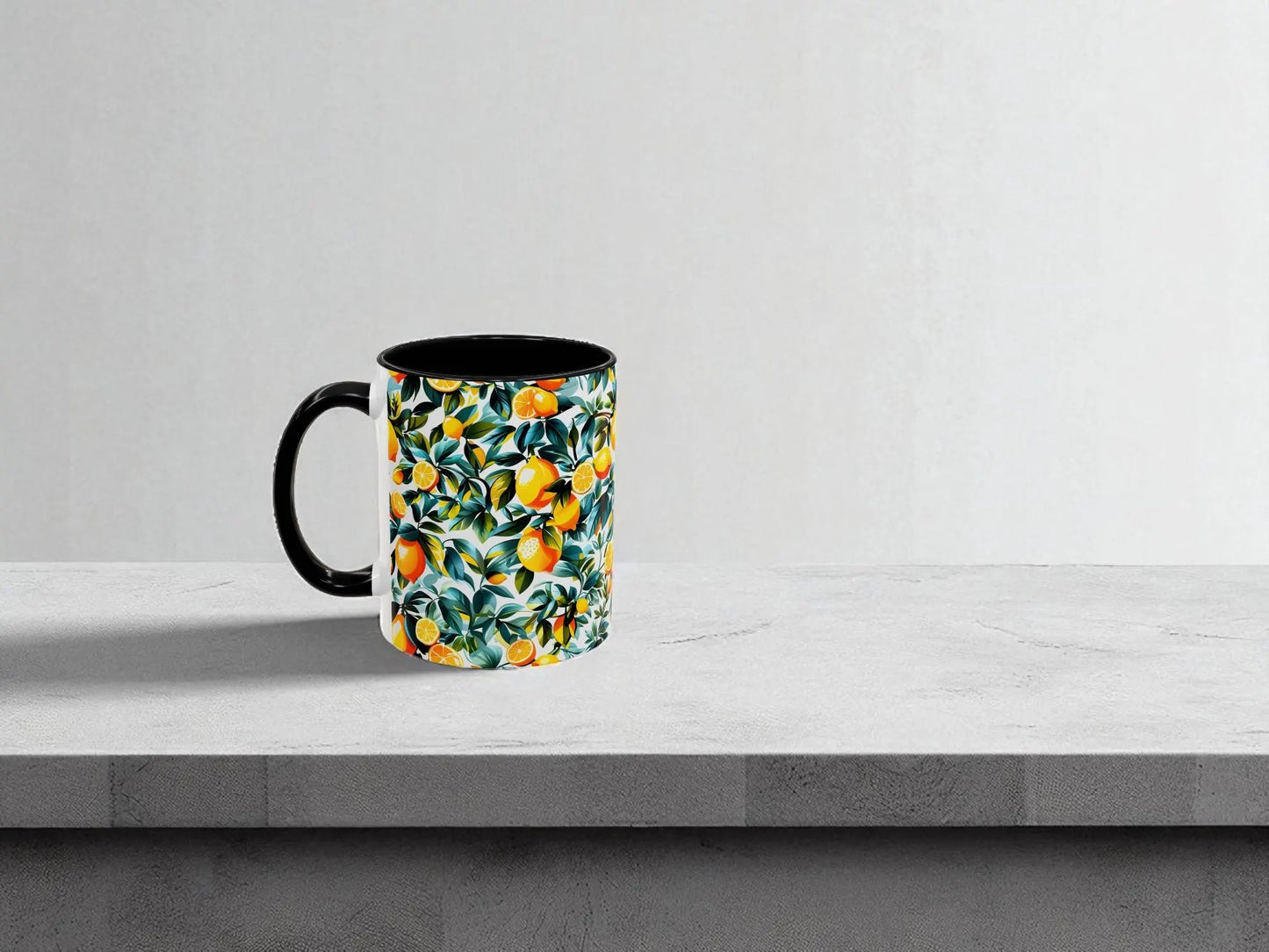 Mug with floral pattern on a gray surface