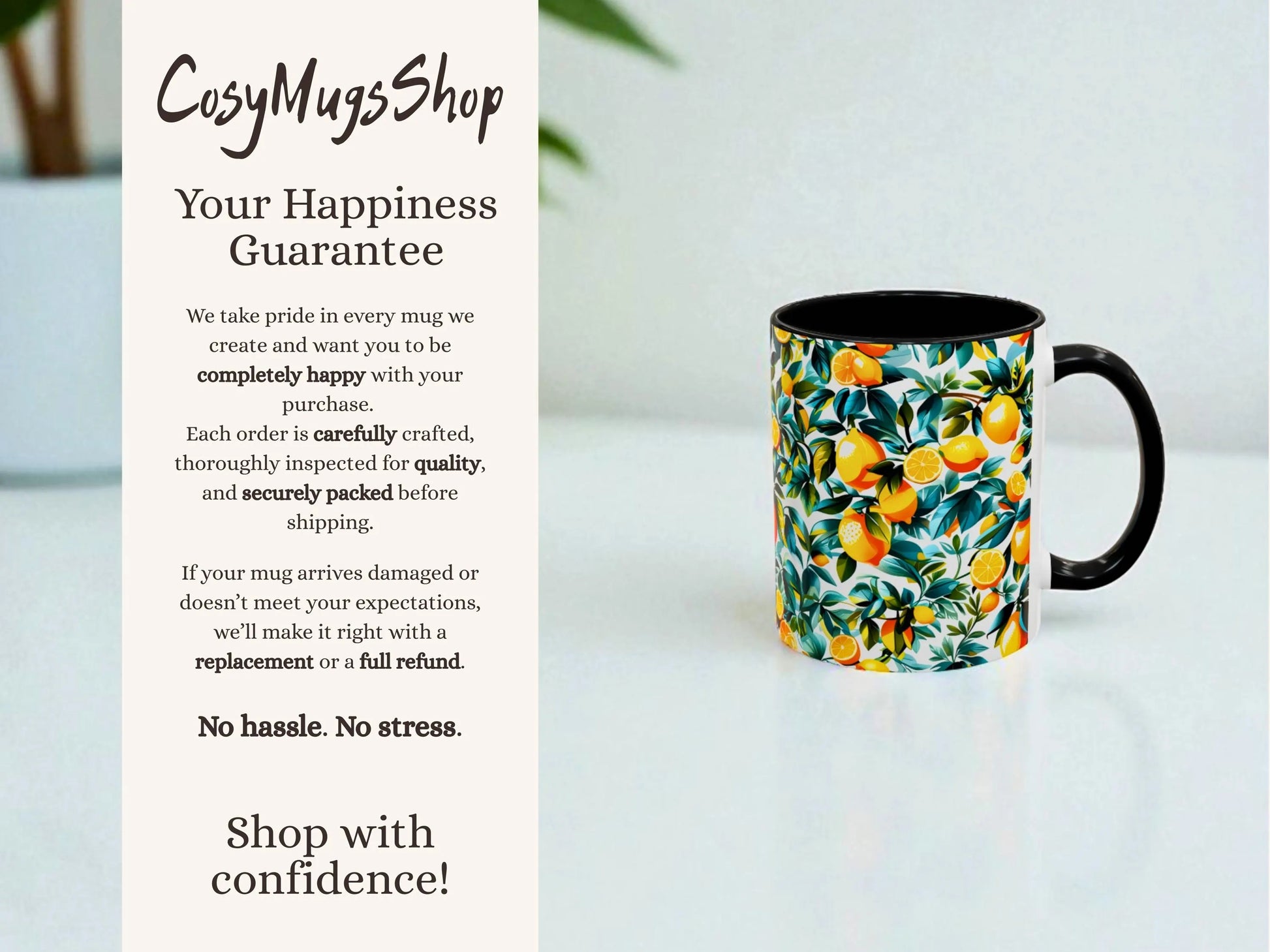 Mug with floral design on a light surface, accompanied by text about the 'Cosy Mugs Shop' happiness guarantee.
