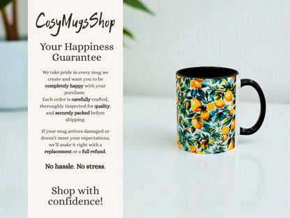 Mug with floral design on a light surface, accompanied by text about the 'Cosy Mugs Shop' happiness guarantee.