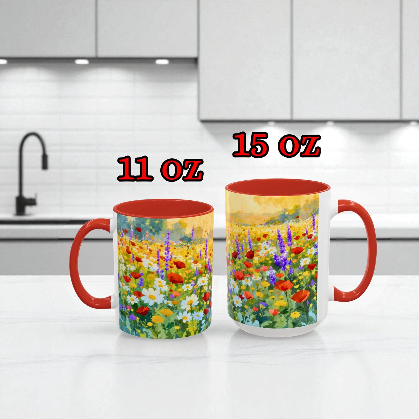 Two mugs with floral design on a kitchen counter, labeled 11 oz and 15 oz.