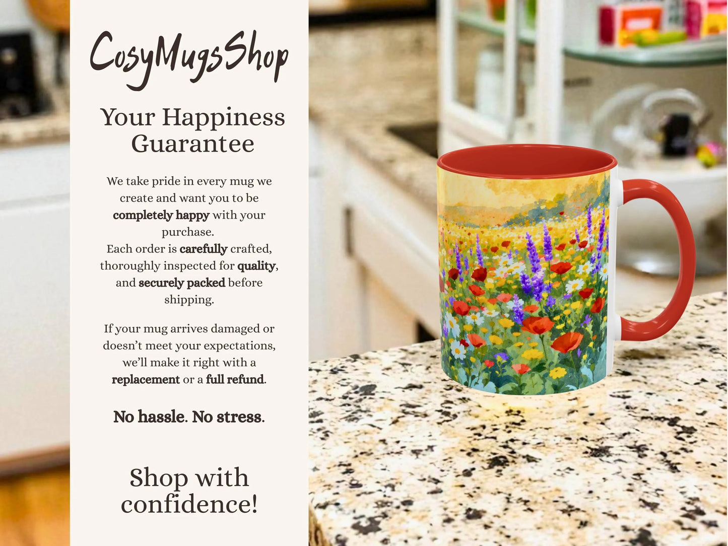 Mug with floral design on a kitchen counter, featuring 'CusyMugsShop' text.