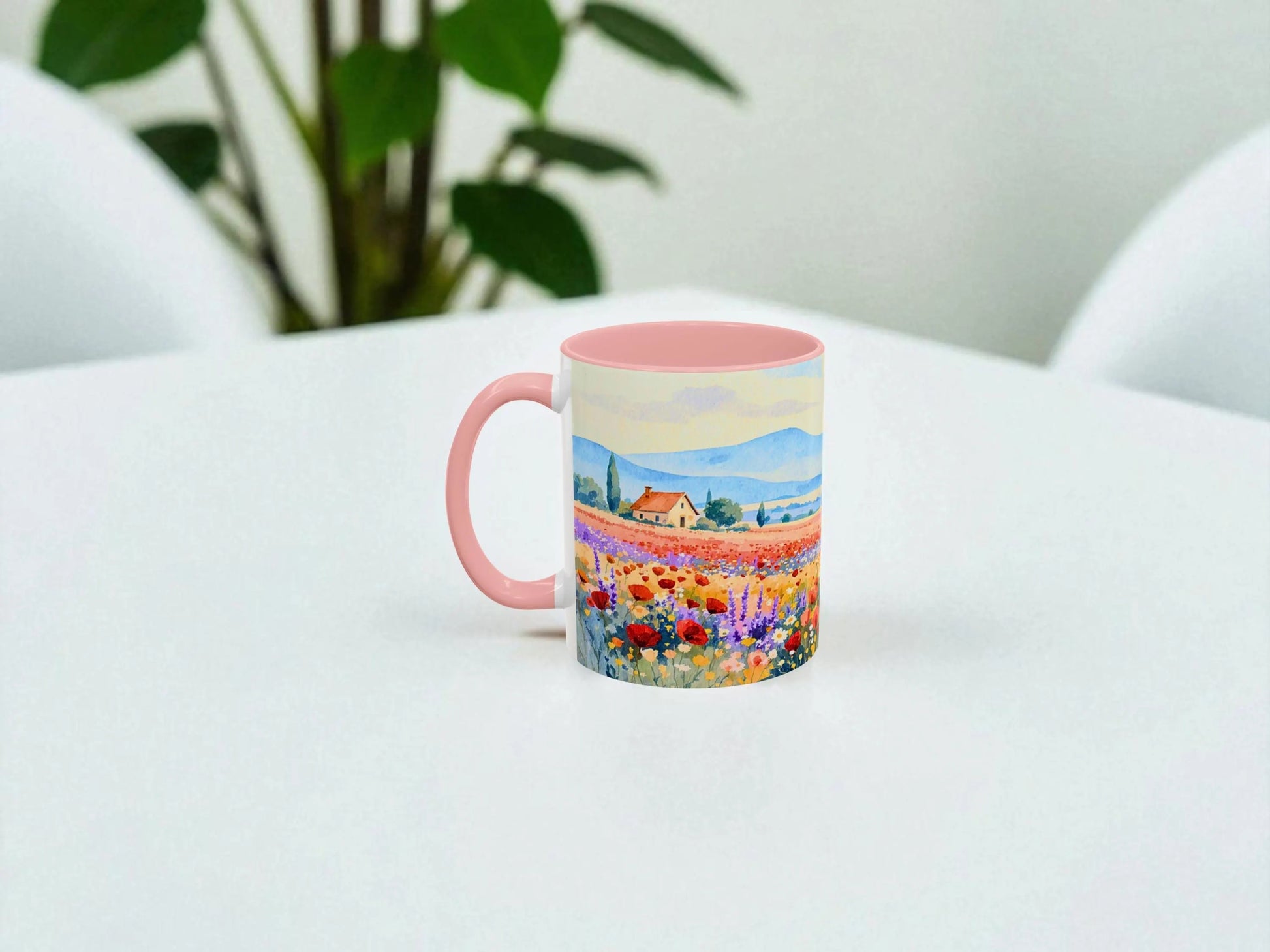Mug with a scenic design on a white surface