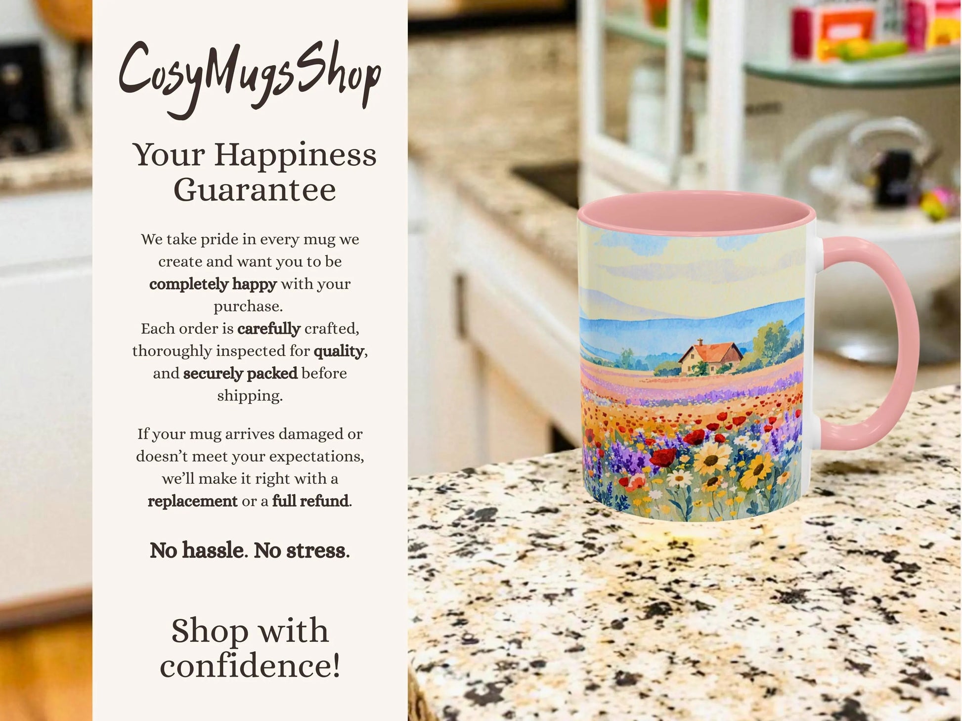 Colorful mug with a scenic design on a kitchen counter, featuring 'CosyMugsShop' text.
