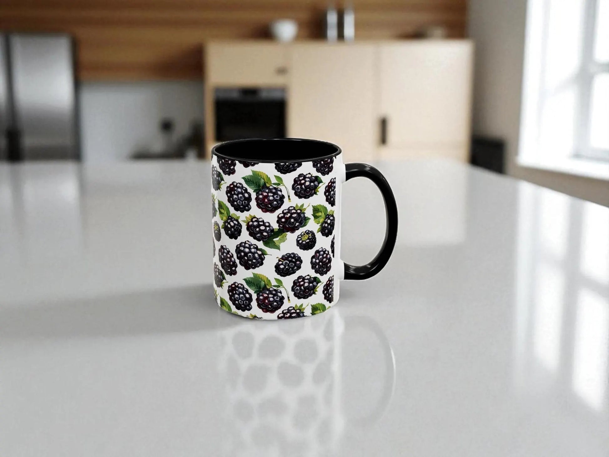 Mug with blackberry pattern on a kitchen counter
