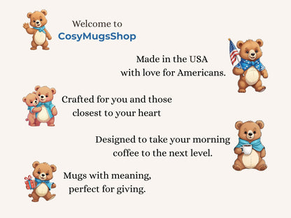 Cosy Mugs Shop advertisement with teddy bears and text on a white background