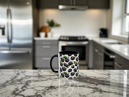 Mug with blackberry pattern on a marble kitchen counter