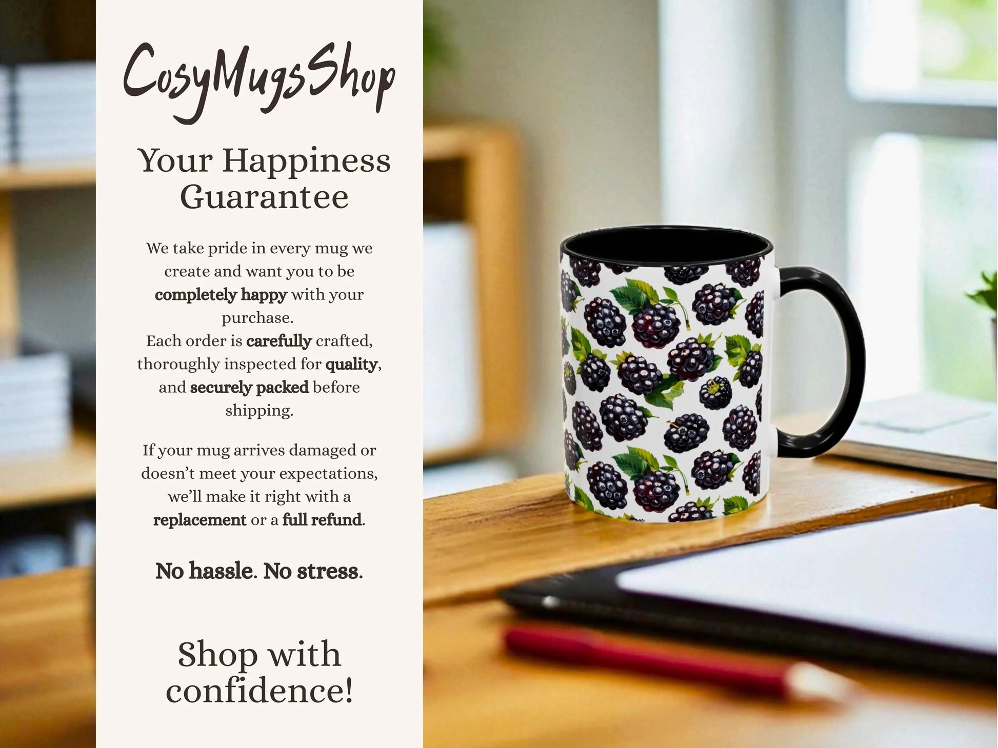 Mug with blackberry design on a desk with promotional text for 'Cosy Mugs Shop'.