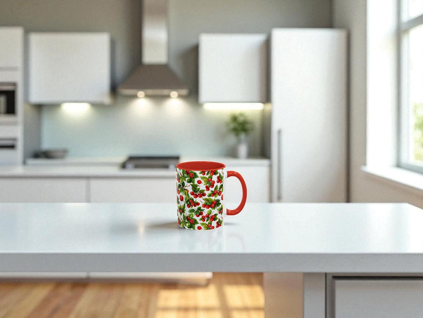 Colorful mug on a kitchen counter with blurred background