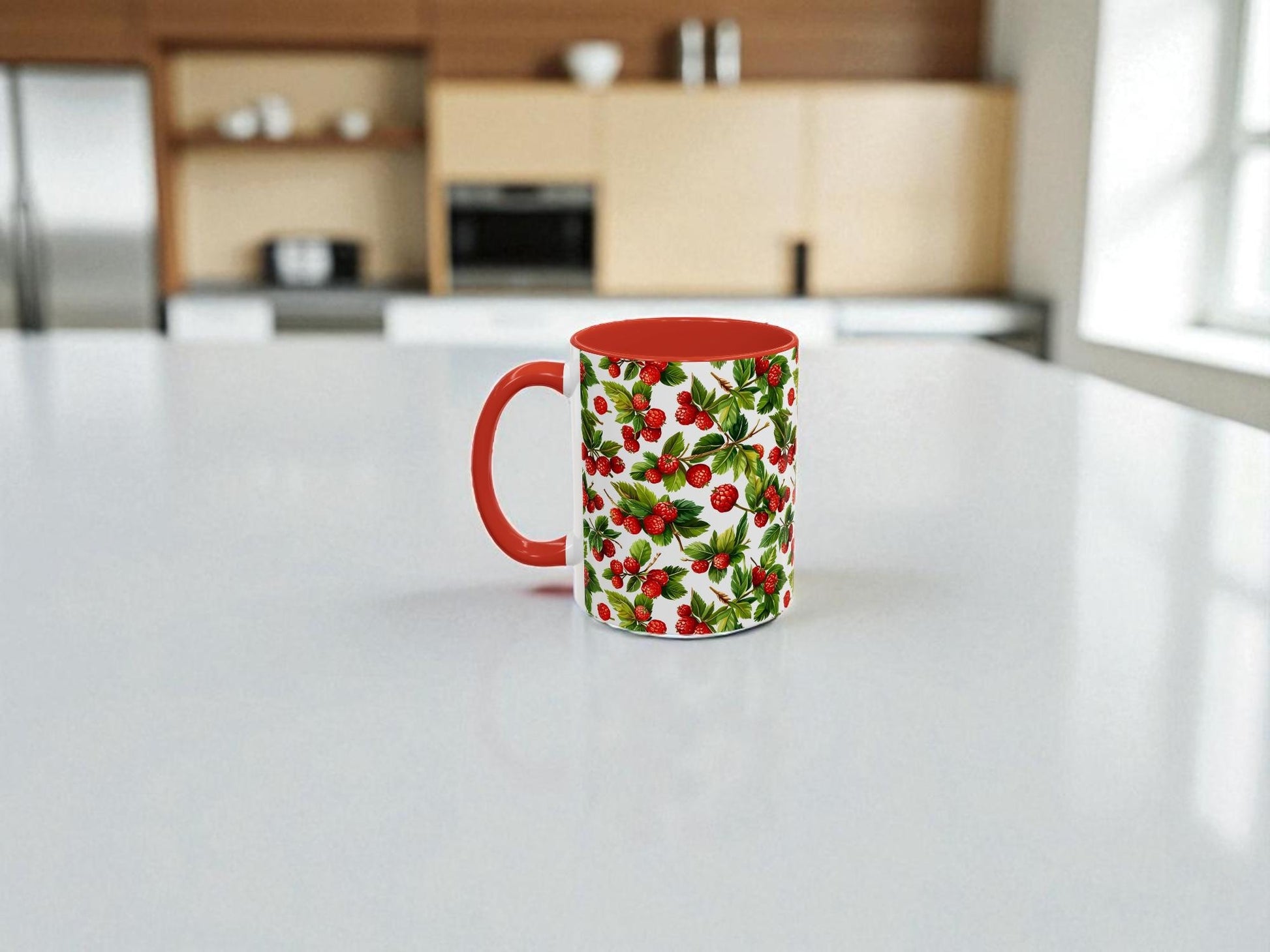 Mug with a floral pattern on a kitchen counter