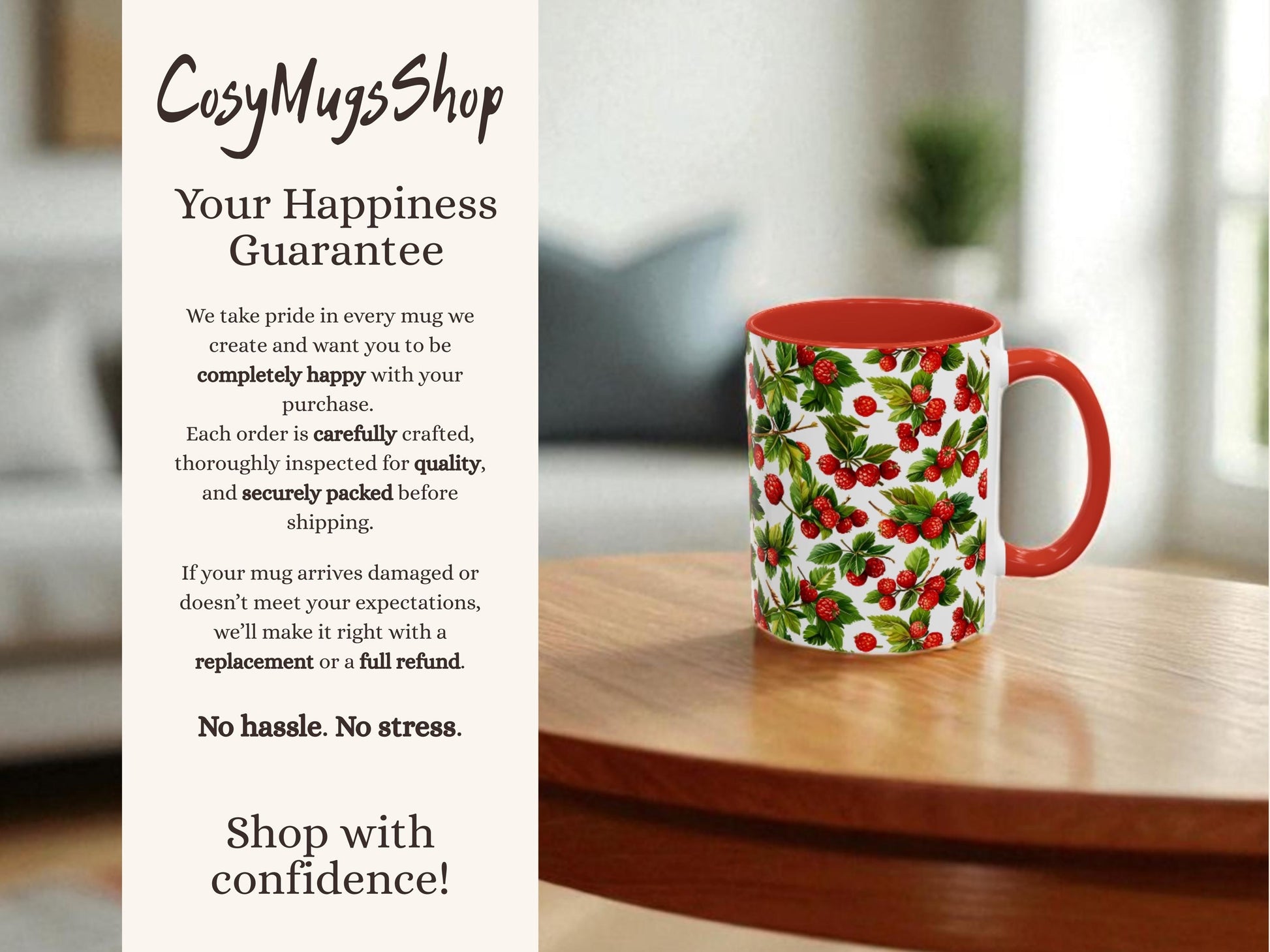 Mug with red and green design on a wooden surface, featuring 'Cosy Mugs Shop' text.