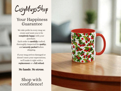 Mug with red and green design on a wooden surface, featuring 'Cosy Mugs Shop' text.