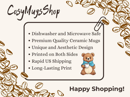 CosyMugsShop advertisement with a bear illustration and product features on a white background with coffee bean design.