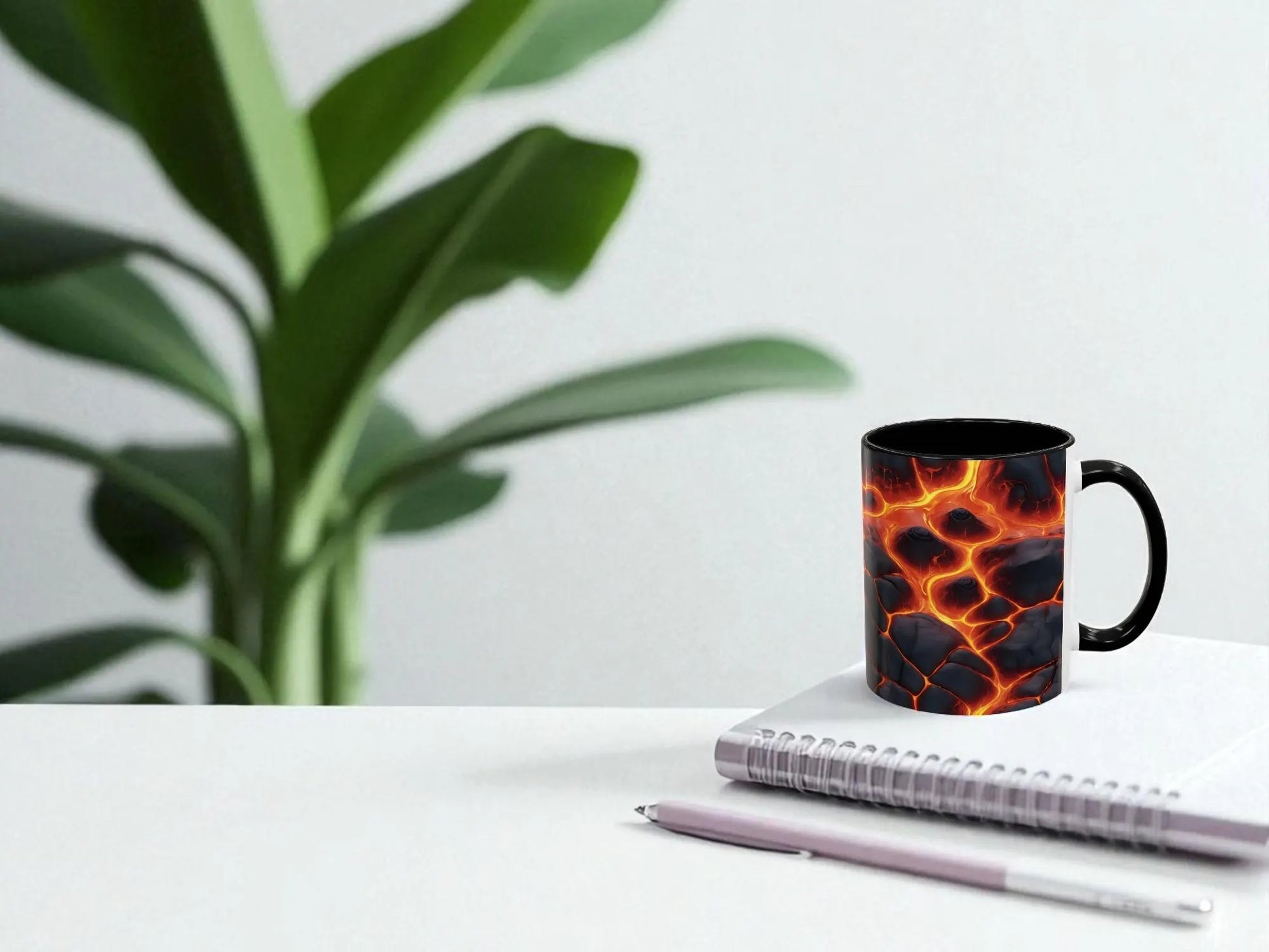 Mug with lava design on a white surface with a plant in the background