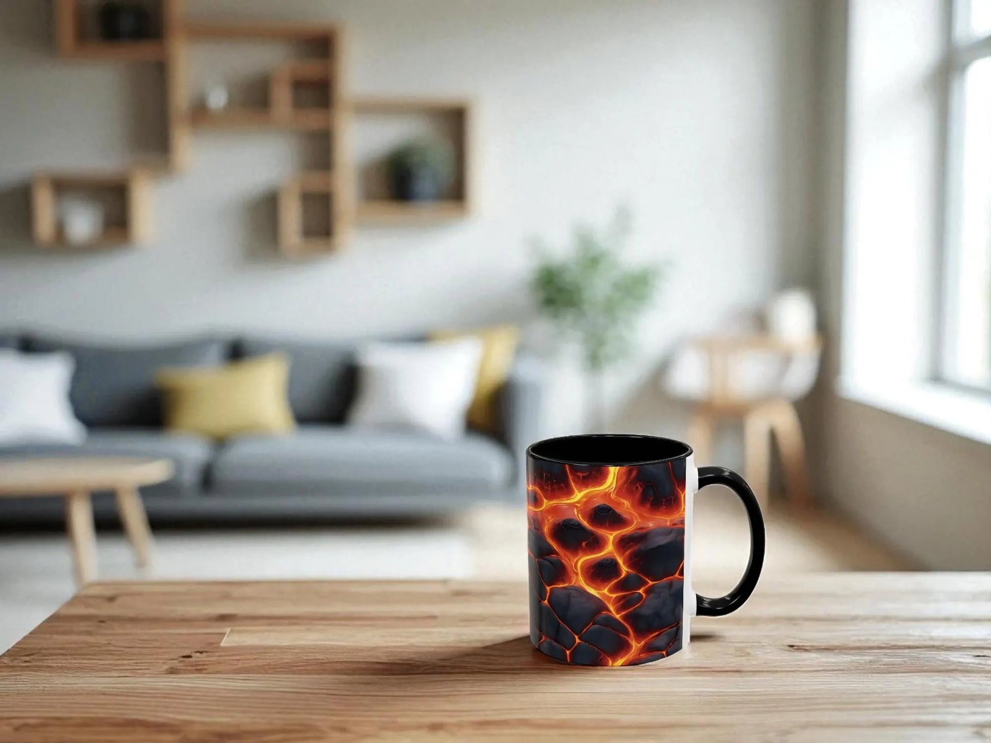 Mug with flame design on a wooden table in a living room setting