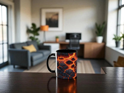 Mug with lava design on a wooden table in a modern living room.
