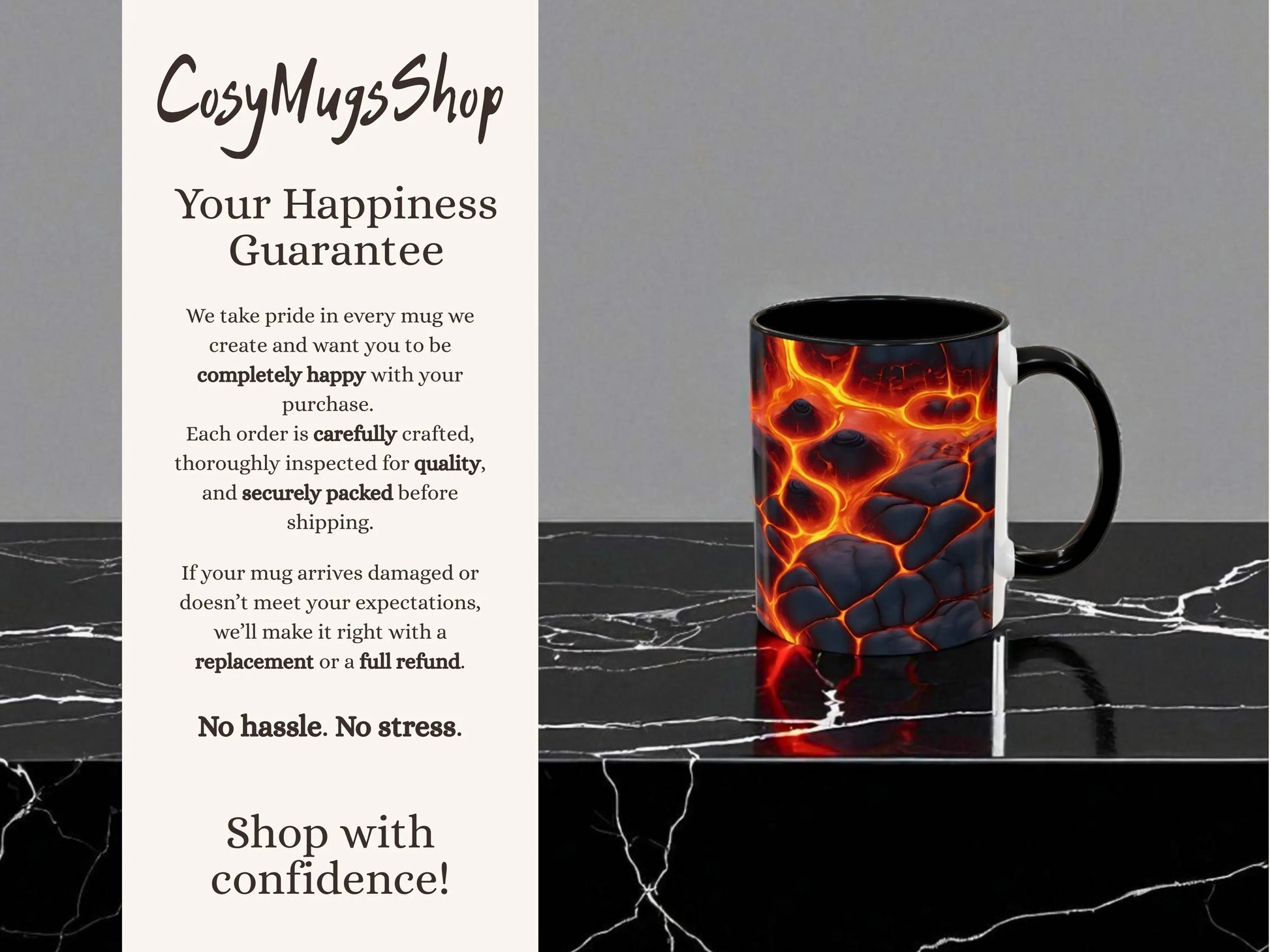 Magma-themed mug on a black marble surface with 'Cosy Mugs Shop' text and lava design.