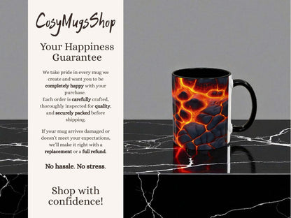 Magma-themed mug on a black marble surface with 'Cosy Mugs Shop' text and lava design.