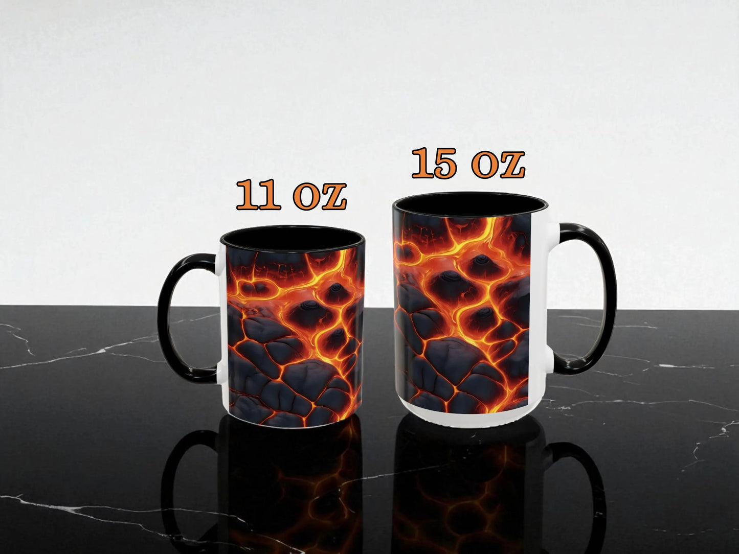 Two mugs with lava design on a black marble surface, labeled 11 oz and 15 oz.