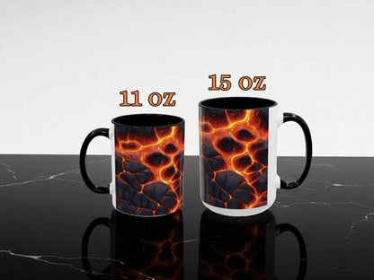 Two mugs with lava design on a black marble surface, labeled 11 oz and 15 oz.