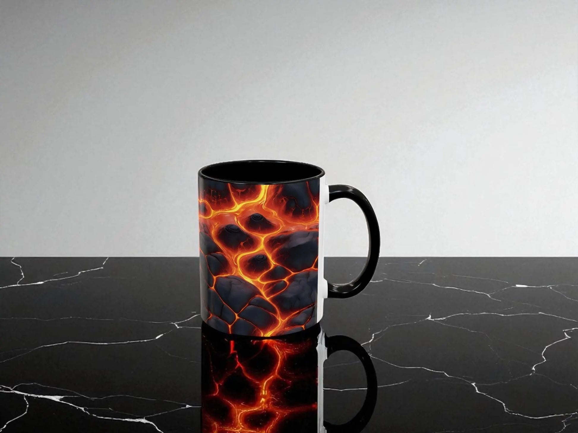 Mug with lava design on a reflective surface