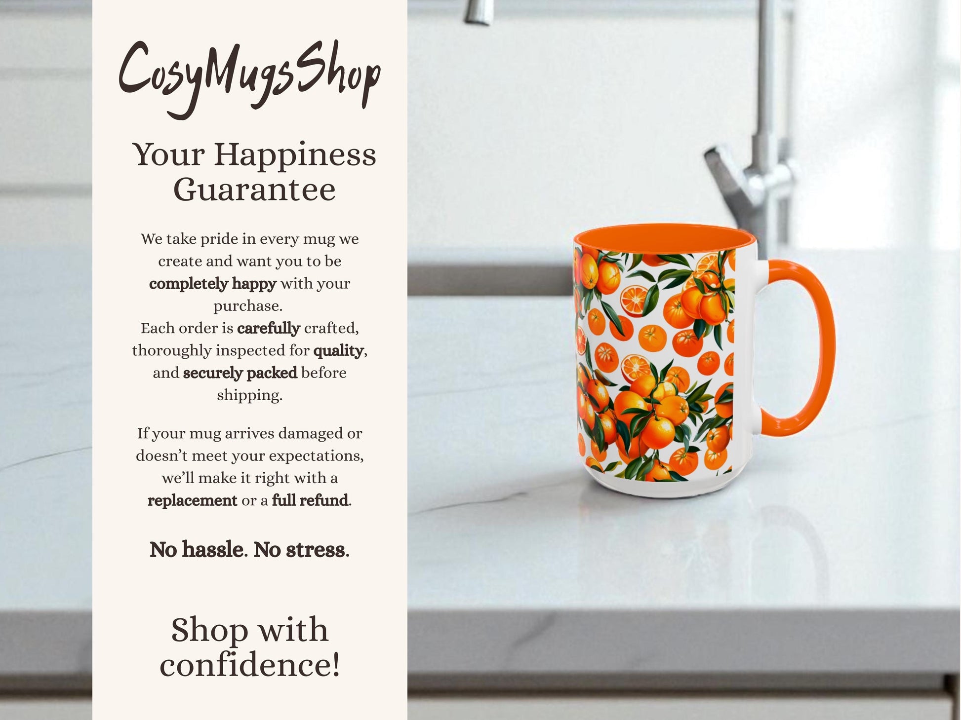 Orange mug with oranges pattern on a kitchen table, with 'CosyMugsShop' text and description.