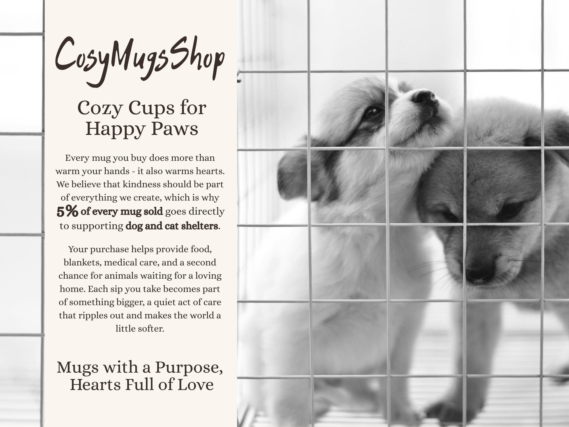 Dog behind a grid with promotional text for Cozy Mugs Shop