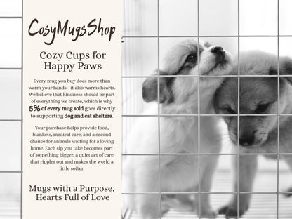 Dog behind a grid with promotional text for Cozy Mugs Shop