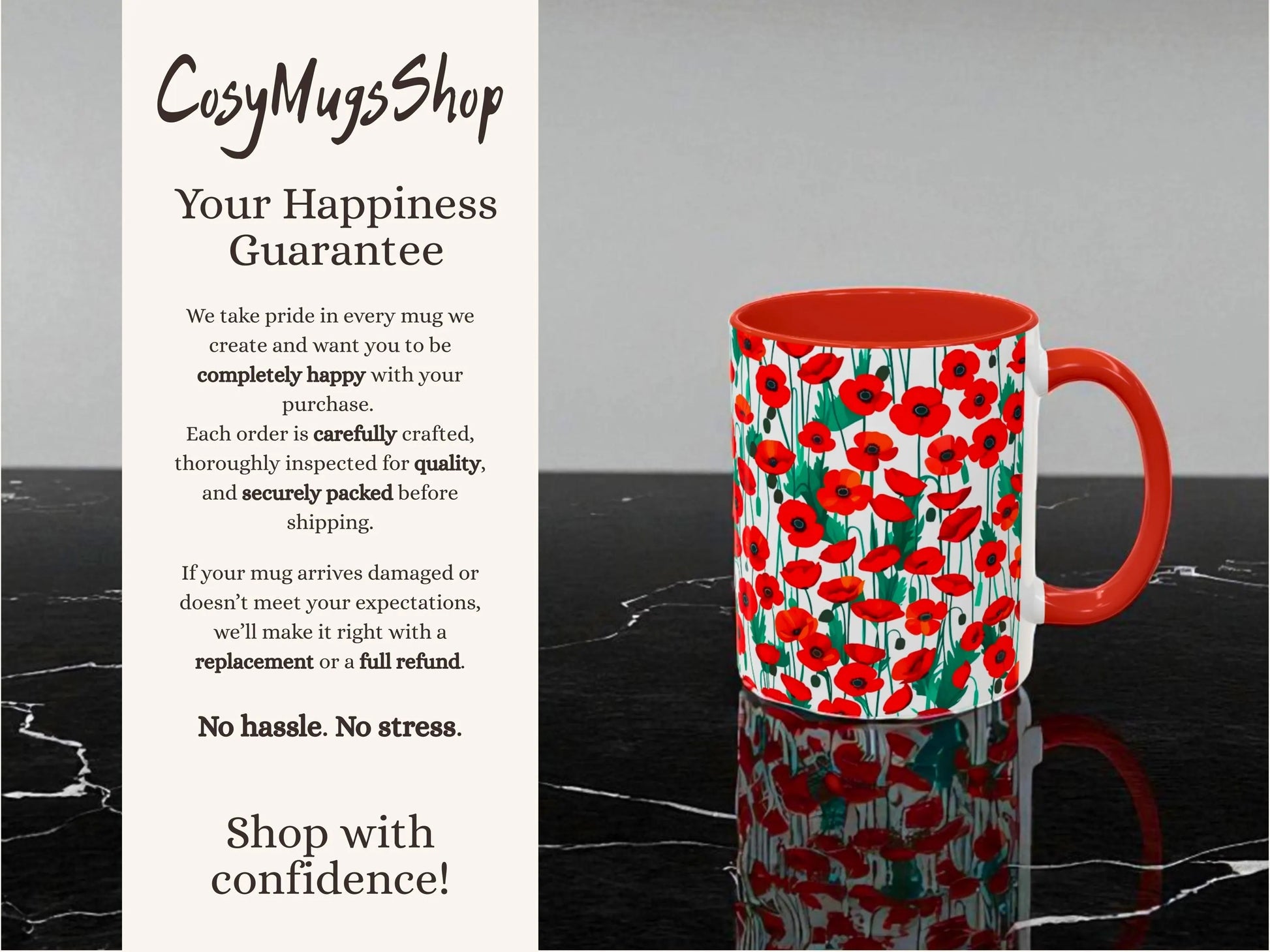 Mug with red floral pattern on a black surface, accompanied by promotional text for CosyMugsShop.