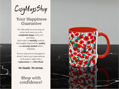Mug with red floral pattern on a black surface, accompanied by promotional text for CosyMugsShop.