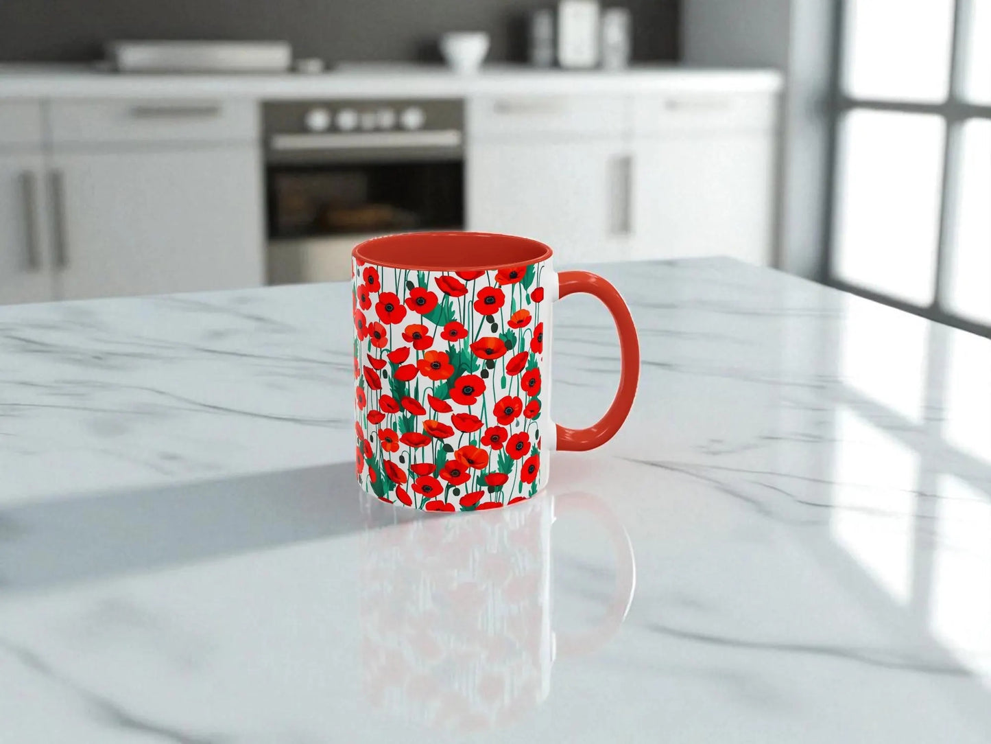 Red mug with red poppy pattern on a kitchen table.
