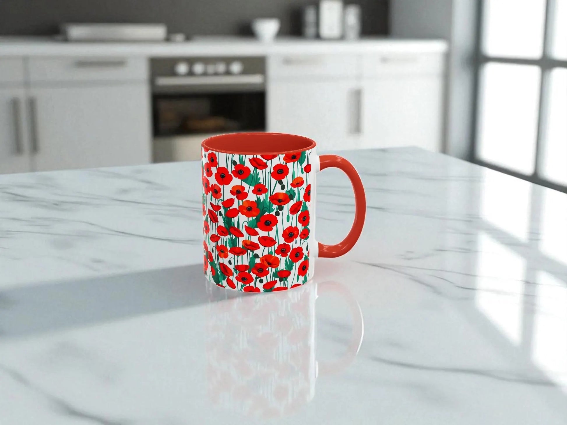 Red mug with red poppy pattern on a kitchen table.