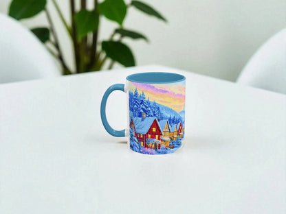 Mug with a scenic design on a white surface with a plant