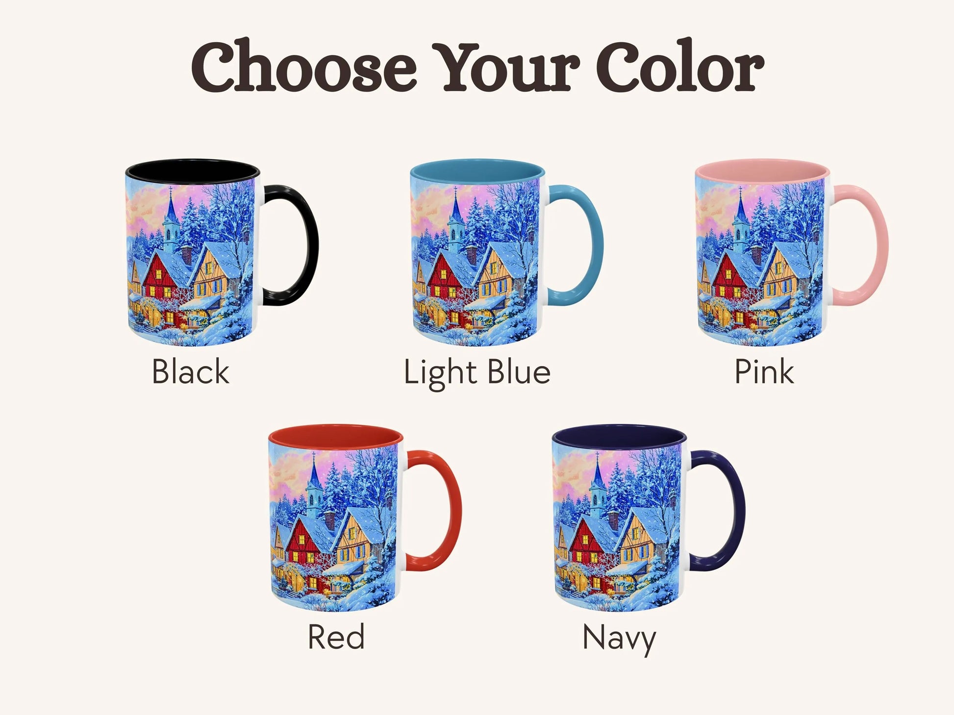 Set of mugs with a scenic design and color options on a white background